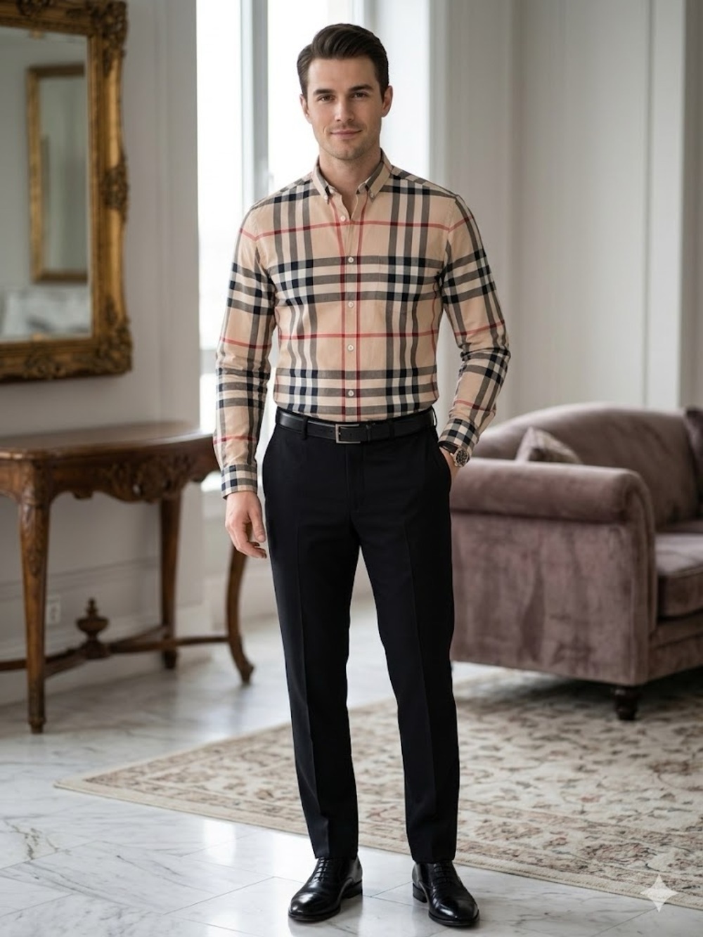Burberry Brit Beige Nova Check Cotton Plaid Shirt with Black and Red Accents